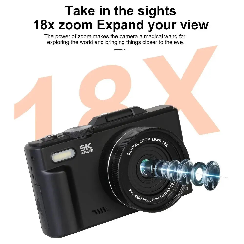 Ourlife Compact 5K Digital Camera With 18X Zoom 75MP 180 Flip Screen WiFi - stepyours.com