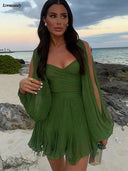 Elegant Green Mesh Lantern Sleeve Mini Dress Chic V Neck