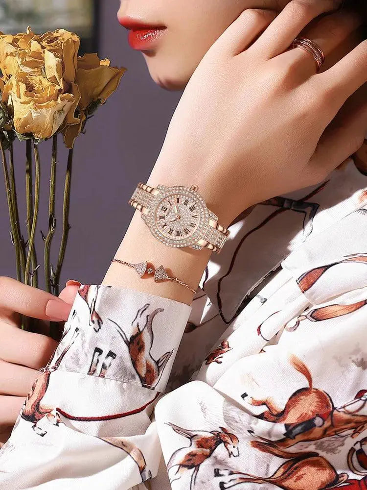 Rose Gold Crystal Watch Luxury Women's Diamond Timepiece