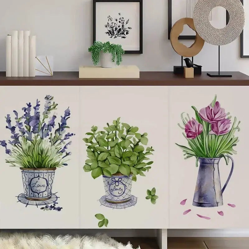 3Pcs Watercolor Flower Pots Wall Sticker Kitchen Decor
