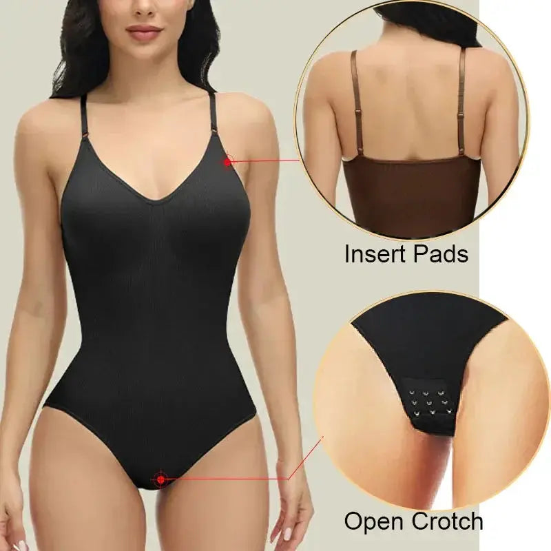Guudia V Neck Spaghetti Strap Compression Bodysuit Slimming