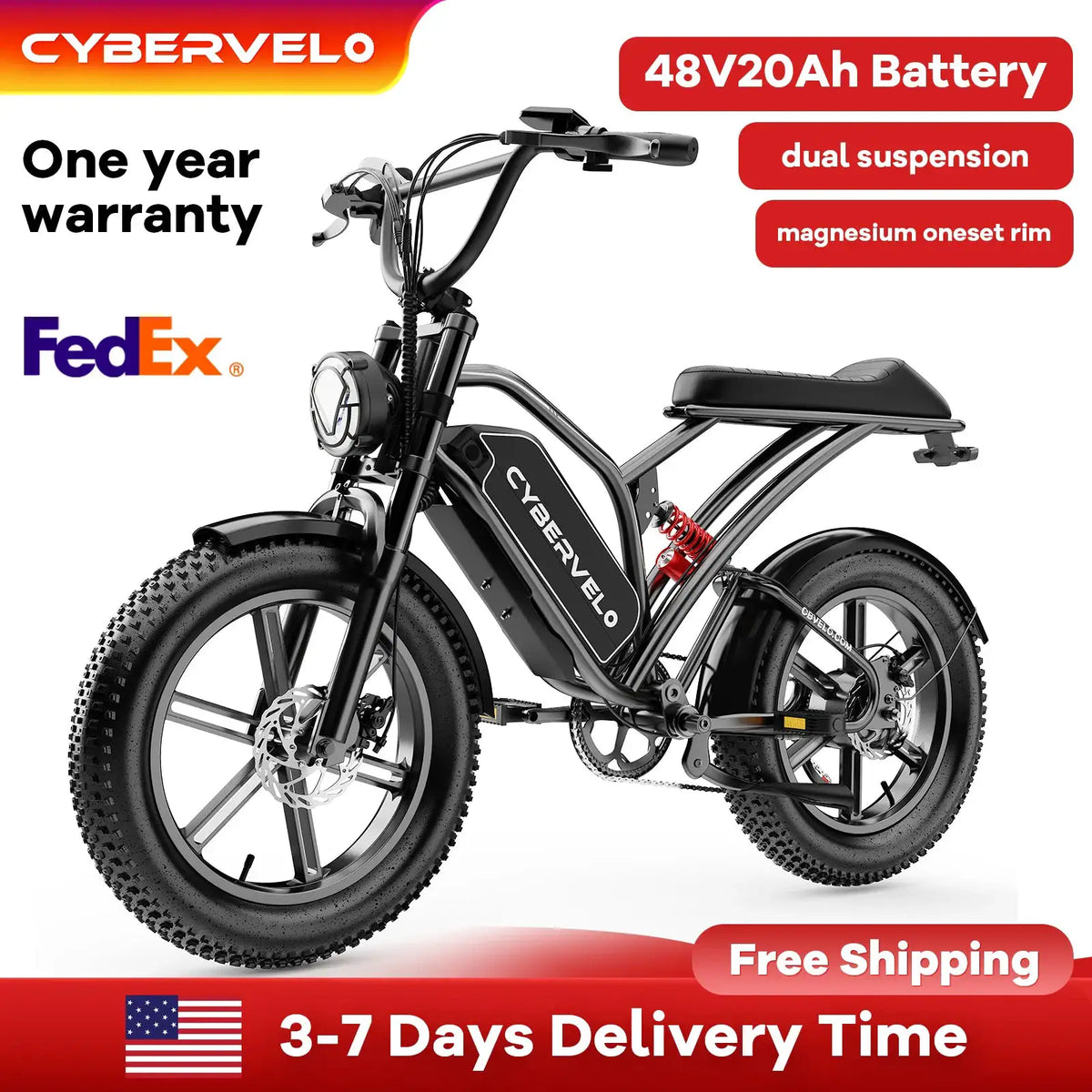 Cybervelo 1000W Electric Bike for Adults 20 Inch Fat Tire 48V All-Terrain E-Bike with Removable 20AH/30AH Battery 30MPH Speed EK11