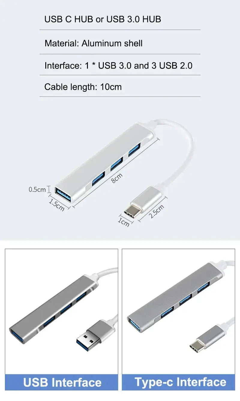 Type C USB Hub 4 Port 3.0 OTG Multi Splitter Adapter