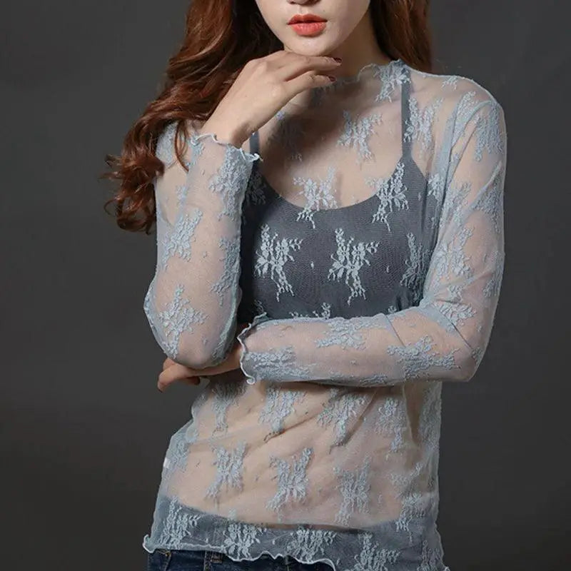 Elegant Lace Floral Turtleneck Top Black Bouquet Fashion