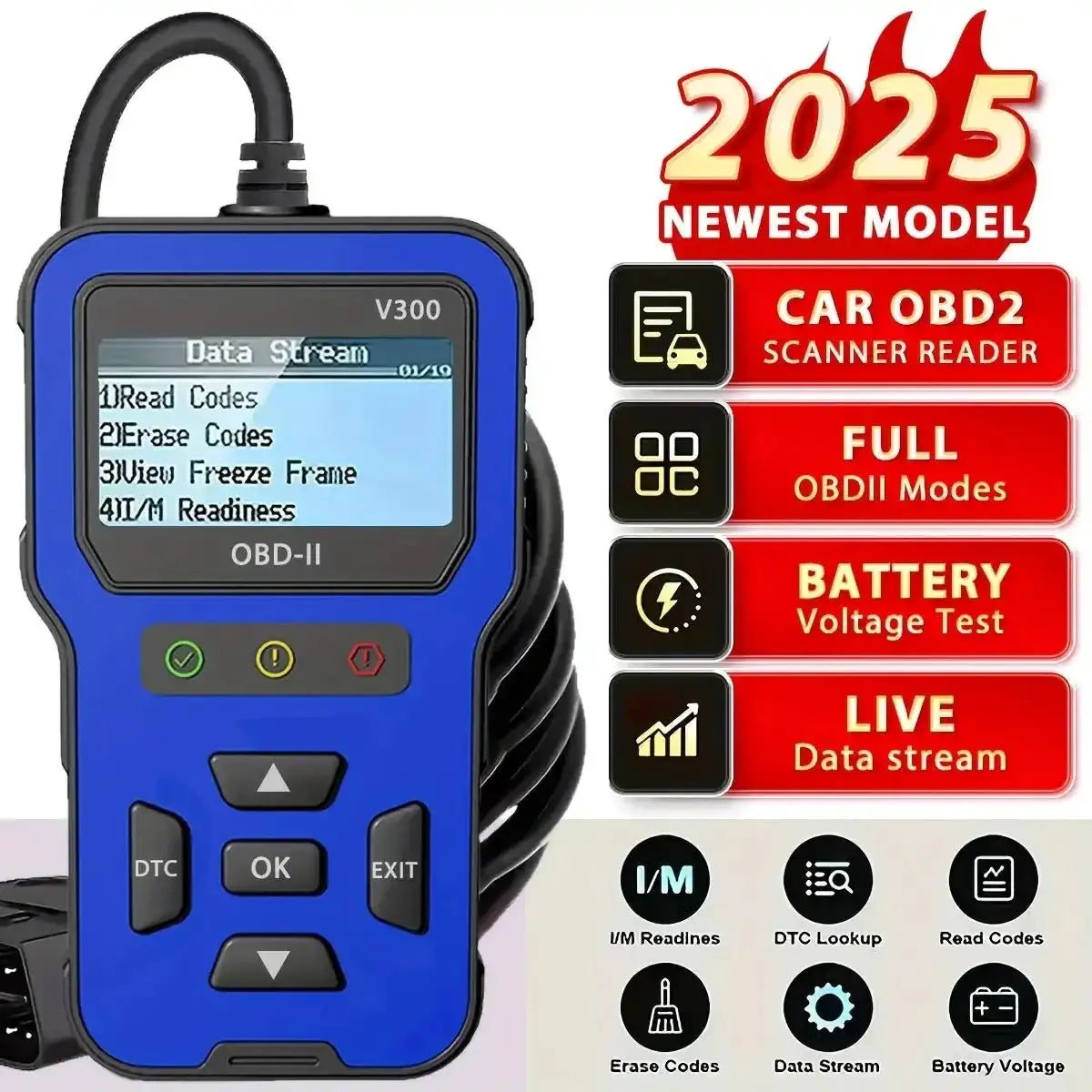 2025 Newest Model OBD2 Scanner Diagnostic Tool - Complete Fault Code Reader, Clear Error Codes, Data Stream, I/M Readiness