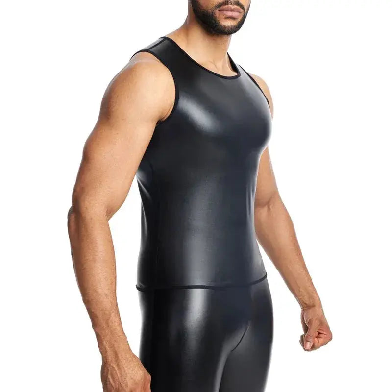 Men Body Shaper Faux Leather Vest Undershirt Tank Top
