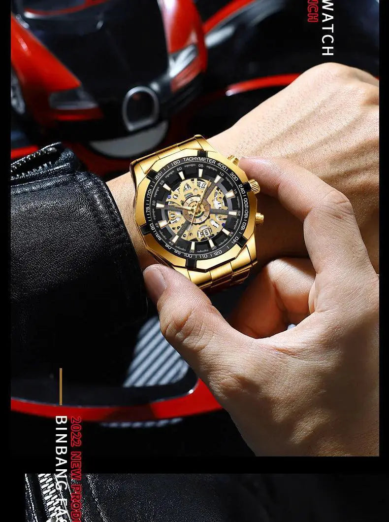 Luxury Blue Dial Stainless Steel Mens Watch Hollow Design