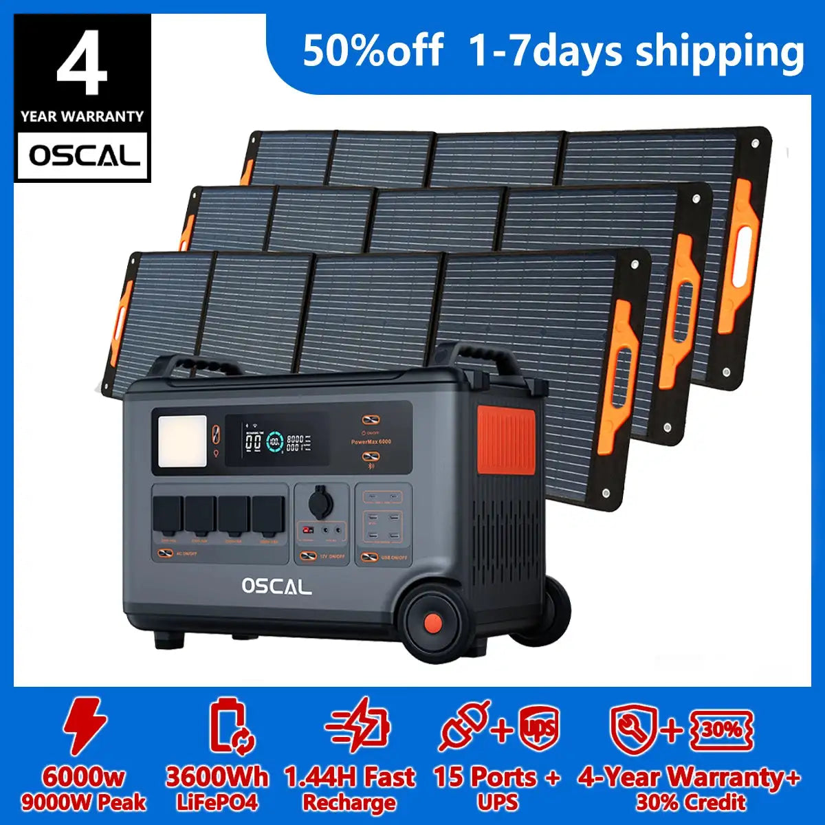 OSCAL PowerMax 6000 Solar Generator with 3x200W Solar Panel, 120V/240V 3600Wh Power Station 6000W AC Outlets (9000W Peak), 2200W AC Charging/2400W Solar Charging, Emergency for Home, Battery Backup