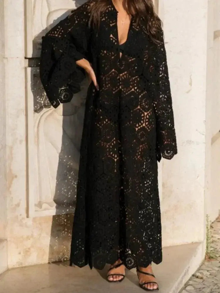 Sweet Lace Midi Dress Elegant Floral V Neck Flared Sleeves