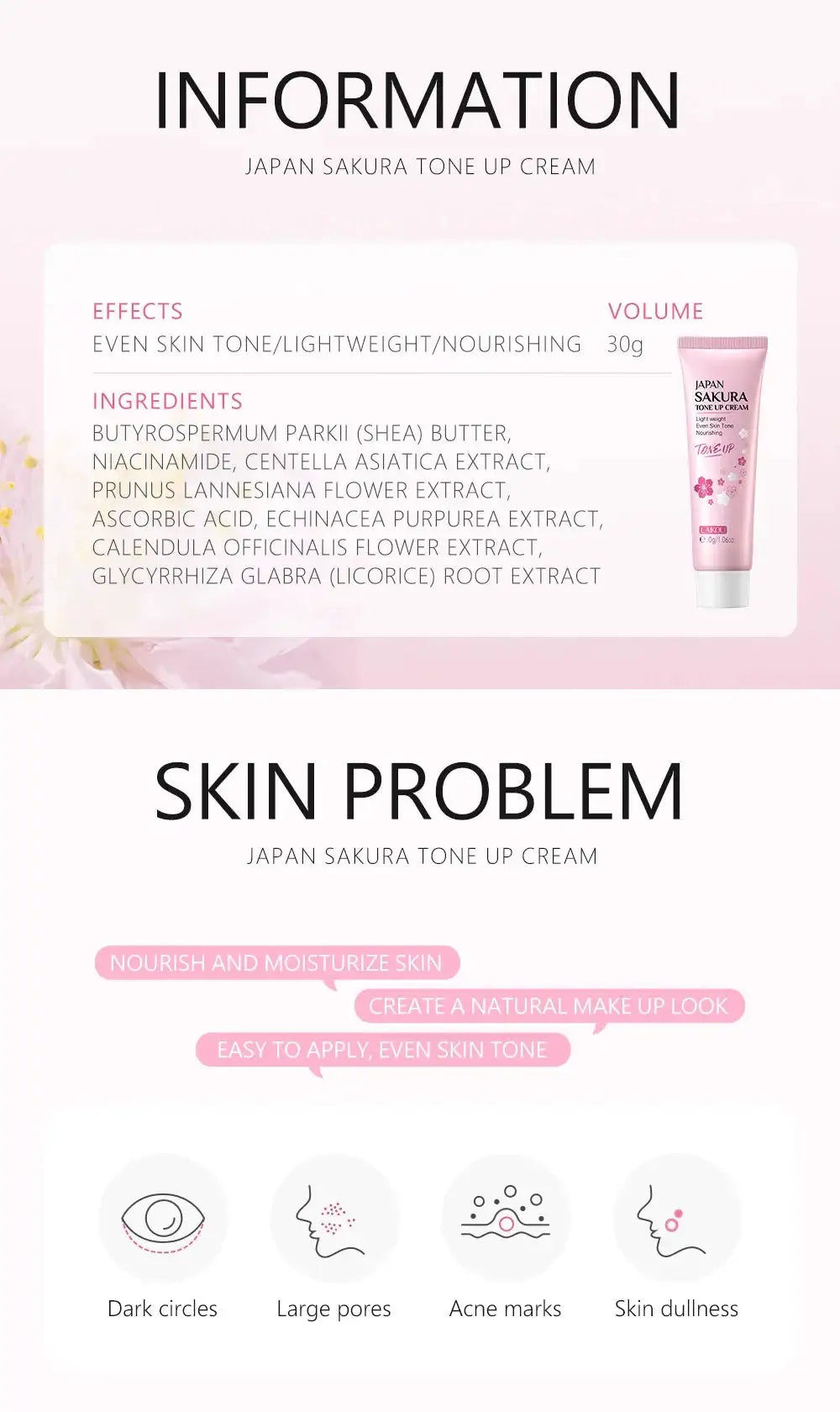 LAIKOU Cherry Blossom Suyan Cream Moisturizing Lazy Face Cream Tone up Brighten Skin Care Products Waterproof Sweatproof 30g