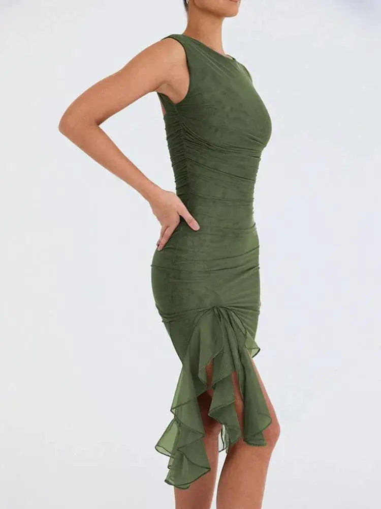 Elegant Backless Ruffled Midi Dress Chic Irregular Hemline