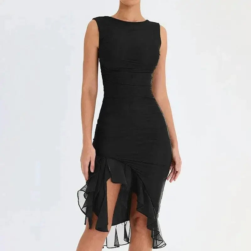 Elegant Backless Ruffled Midi Dress Chic Irregular Hemline