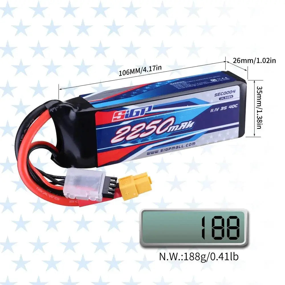 SIGP 3S LiPo Battery 11.1V 2250mAh 2 Pack For Drones FPV