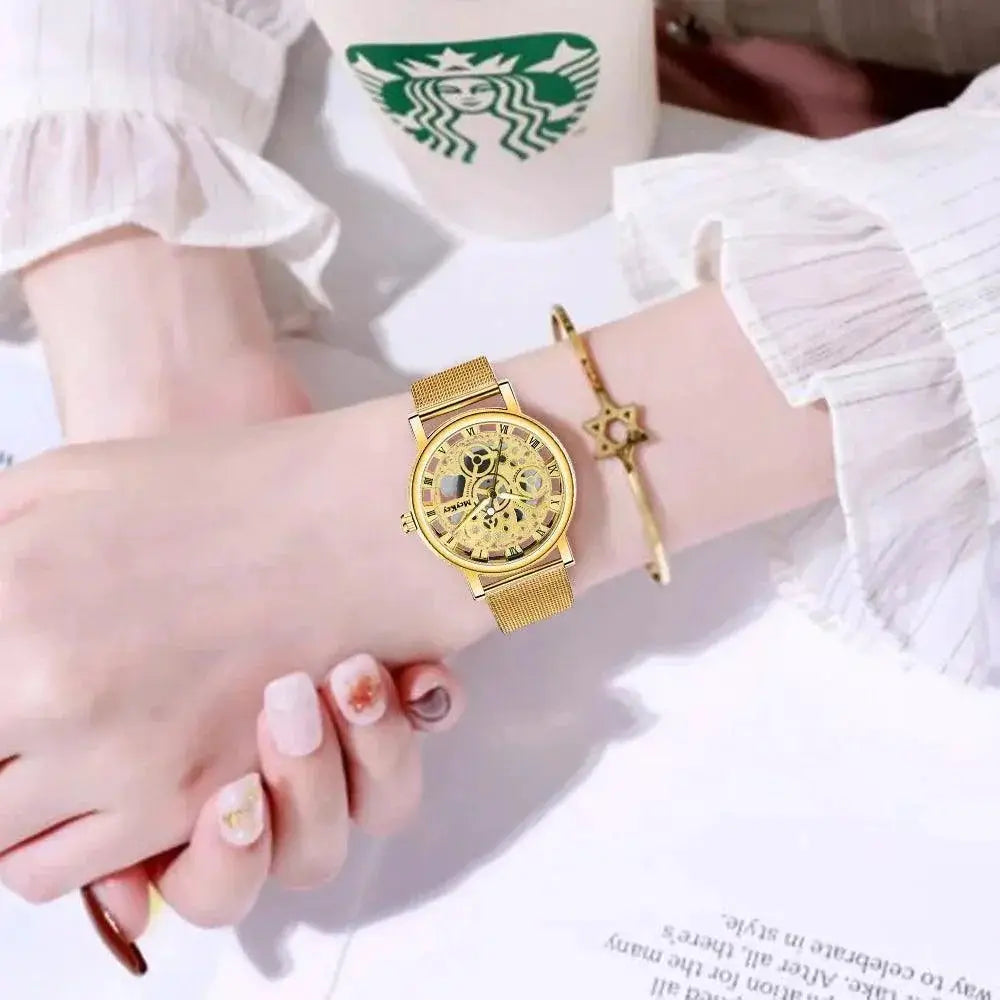 Elegant Skeleton Quartz Watch For Women With Mesh Strap