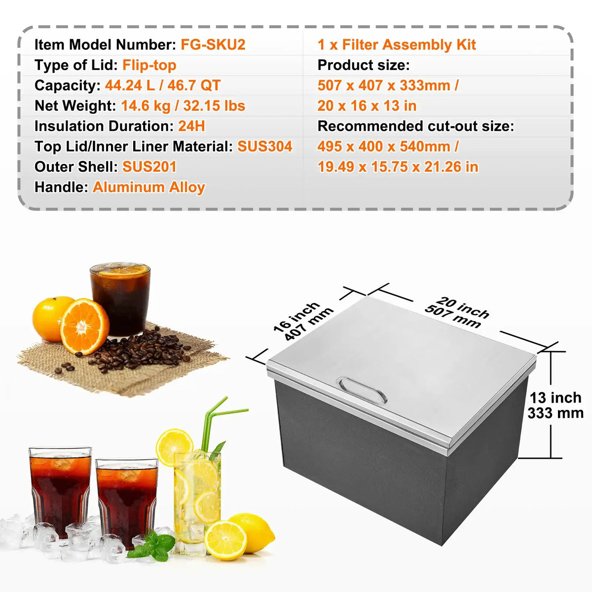 SucceBuy Drop in Ice Chest Stainless Steel Ice Cooler Commercial Hinged — product view 7