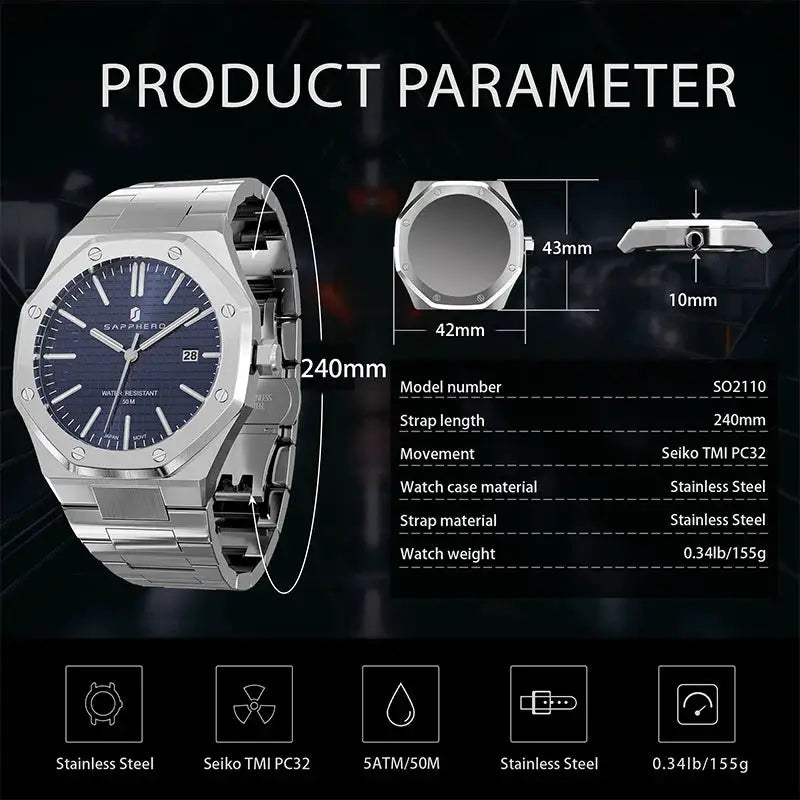 SAPPHERO Men's Watch, Stainless Steel Strap, Water-Resistant Design, Automatic Calendar, Festive Gifts, Exquisite Gift Box Clock
