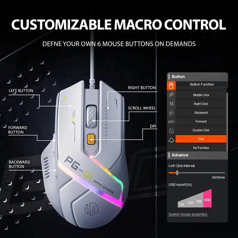 Inphic PG1 PG9 RGB Wired Gaming Mouse Ergonomics 1000Hz Polling Rate Stable Connection For Desktop And Laptop Computers