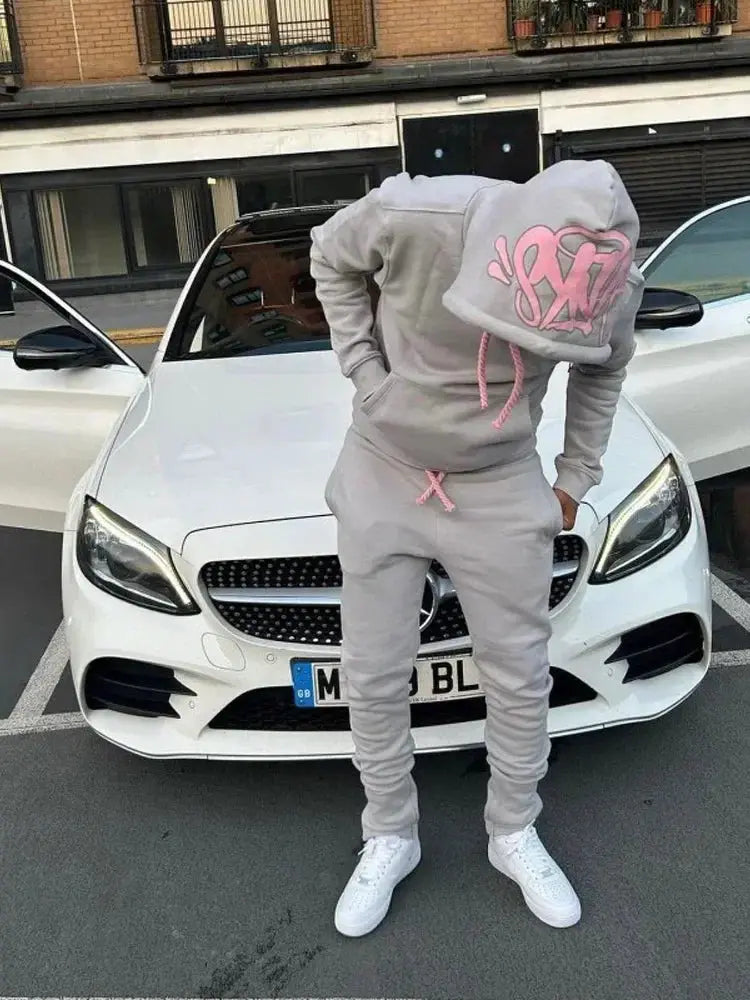 Men Cotton Printed Tracksuit 2PCS Set Hoodies Pants Casual