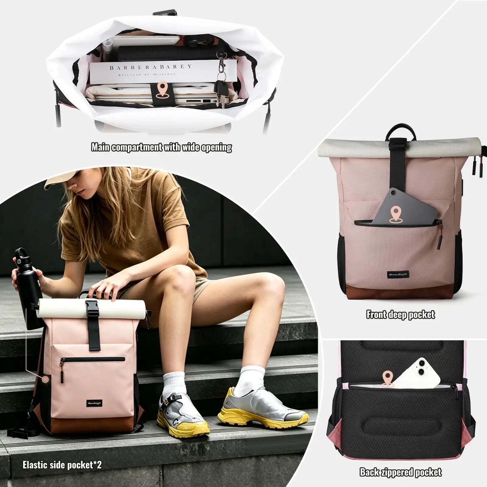 Heroic Knight Casual Women's Backpack Lightweight Waterproof Cycling Backpack Rolltop Travel Backpack Teenager College Schoolbag