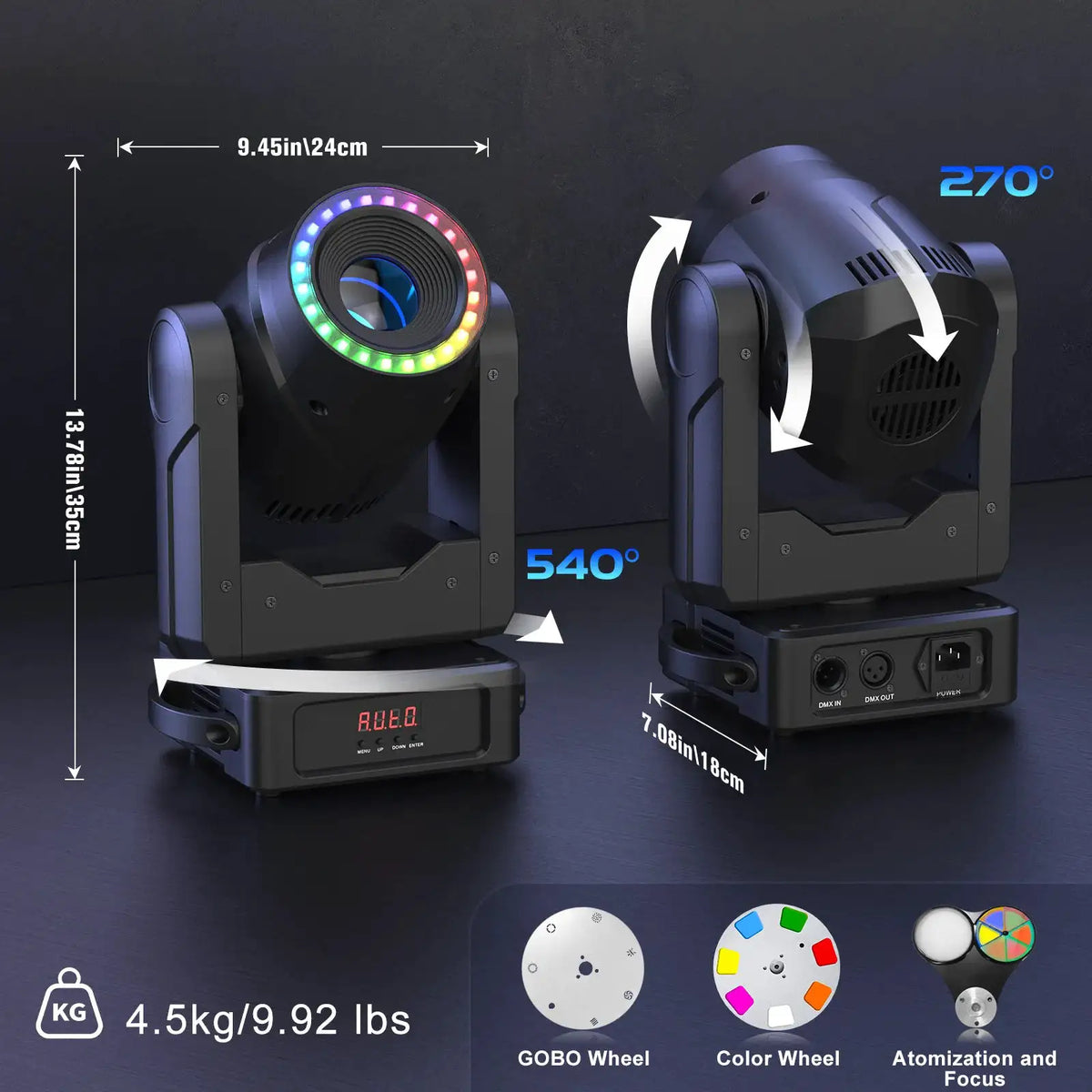 U'King 120W Focusing Moving Head Light DMX Stage Light with Halo Strip 7Gobos 7Colors 3Prisms RGBW LED Spotlight for DJ Disco