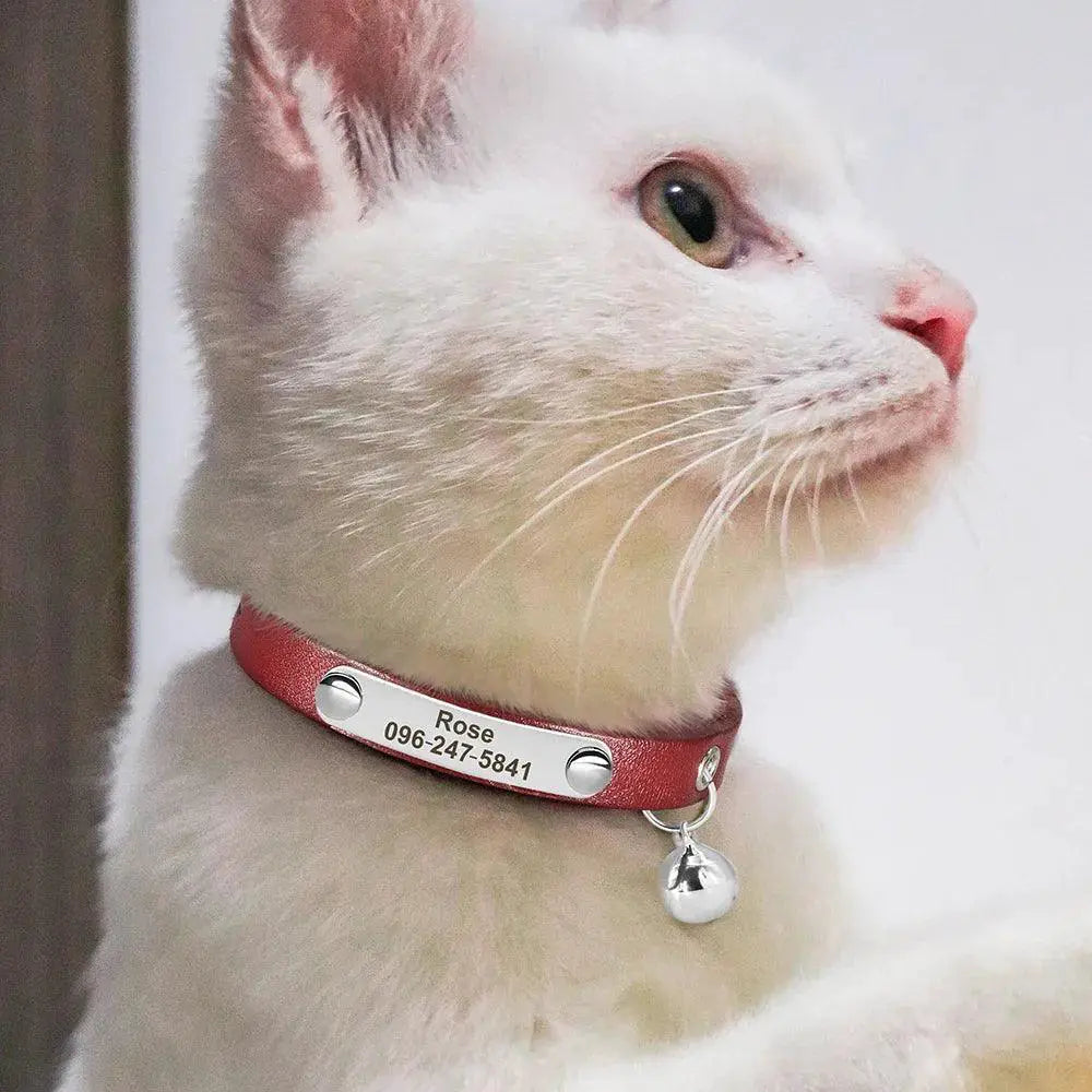 Custom Leather Personalized Cat Collar with Bell Safety