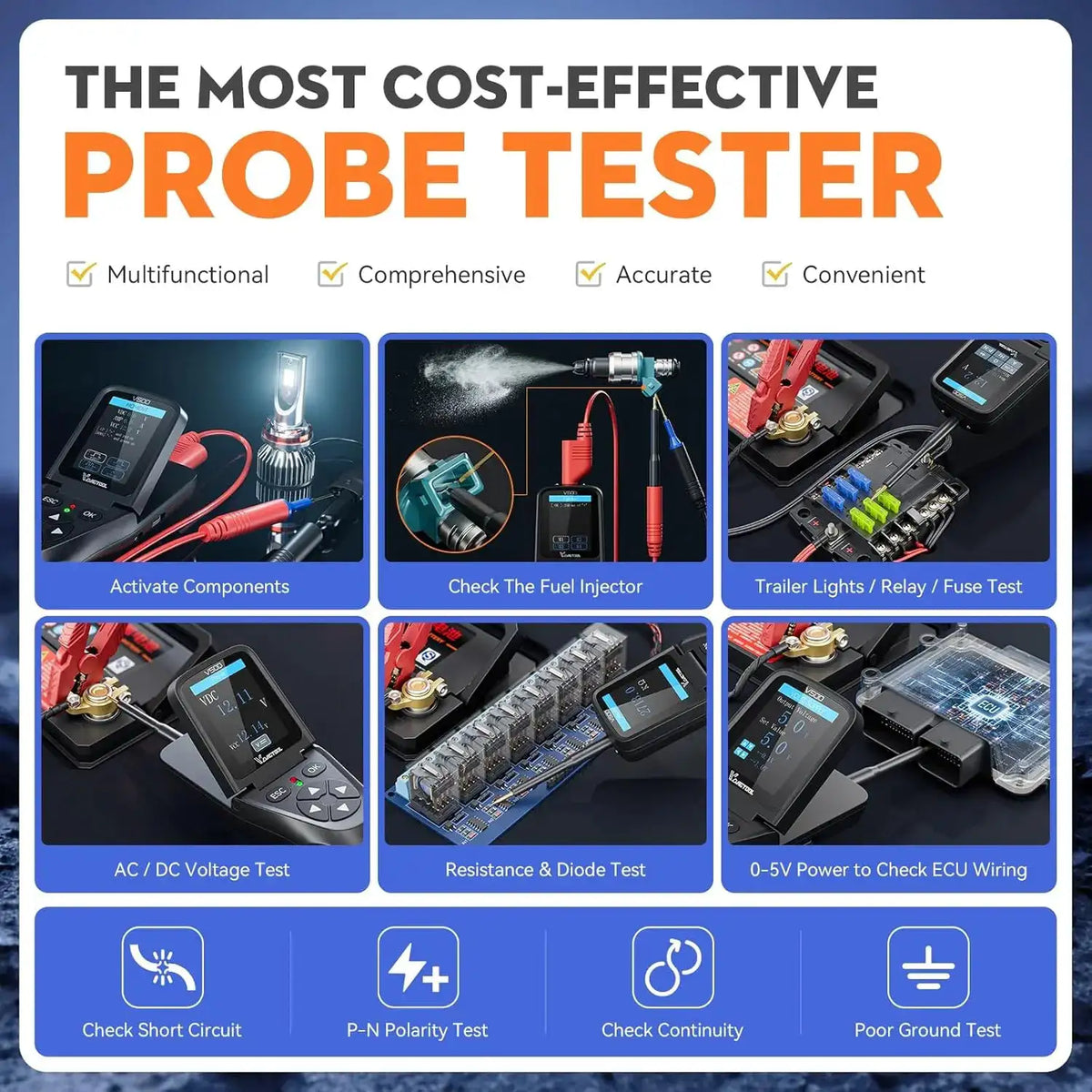 VDIAGTOOL V500 Car Electric Circuit Tester Automotive Power Circuit Probe Short/Open Finder Multimeter/Injector/Relay Diagnostic
