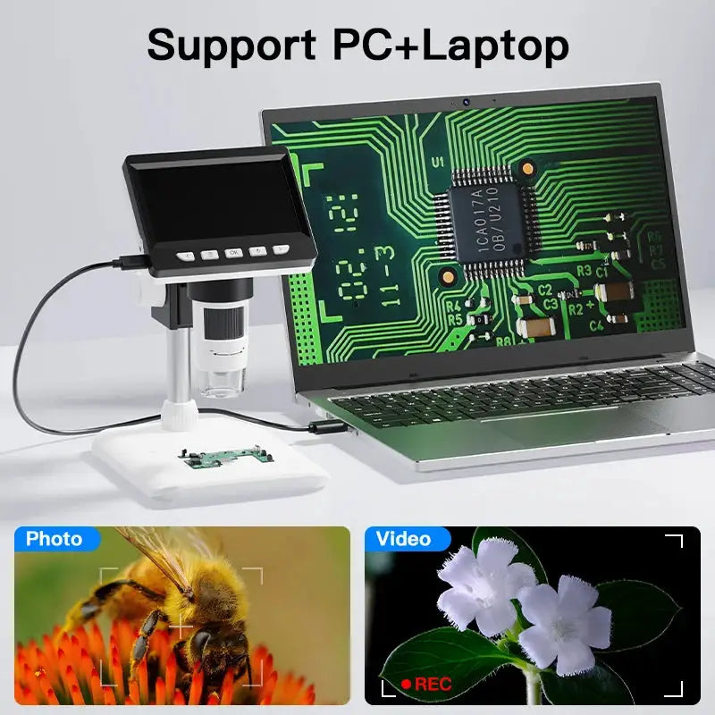 Digital Microscope with 4.3inch IPS Screen 1600X Coin Microscope 2MP USB Professional Electron Microscopios for Watch PCB Repair