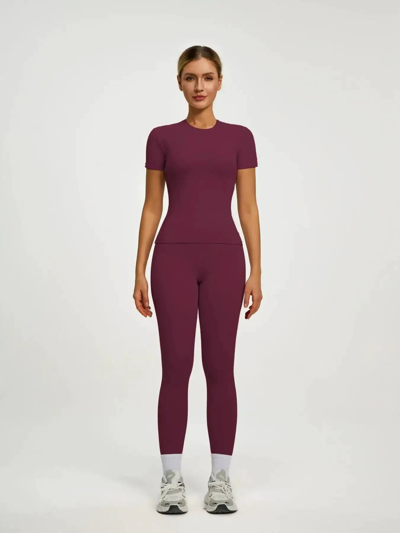 Women's Short Sleeve Sporty Set, High Waist Yoga Pants & T-Shirt Combo, Ideal for Fitness Gym Sculpting Workout