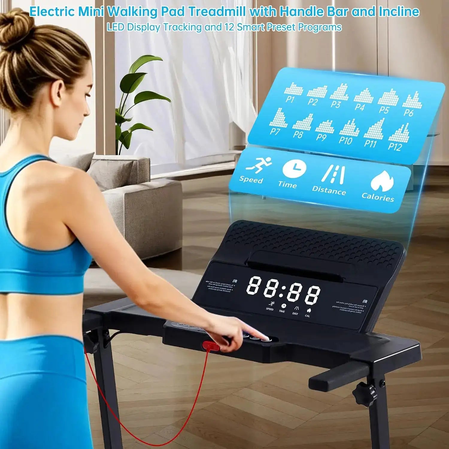 3.5HP Mini Portable Electric Walking Pad Treadmill with Handle Bar & Incline, Adjustable Speed 0.6–10 MPH, Max 400-LB Load for Small-Space Home Exercise