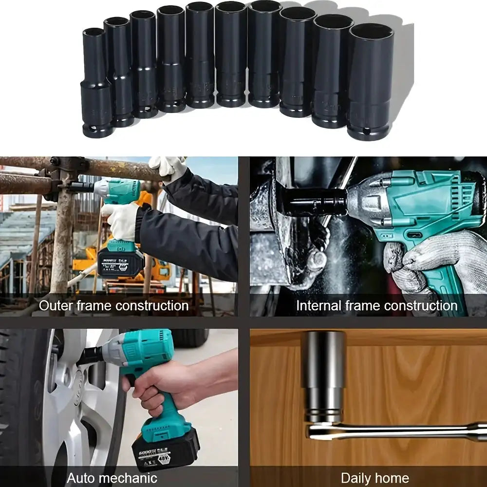 10pcs 1/2 Inch 8-24mm Power Socket Tool Impact Wrench Adapter Industrial Hand Tool Socket Set for Industrial Auto Repair