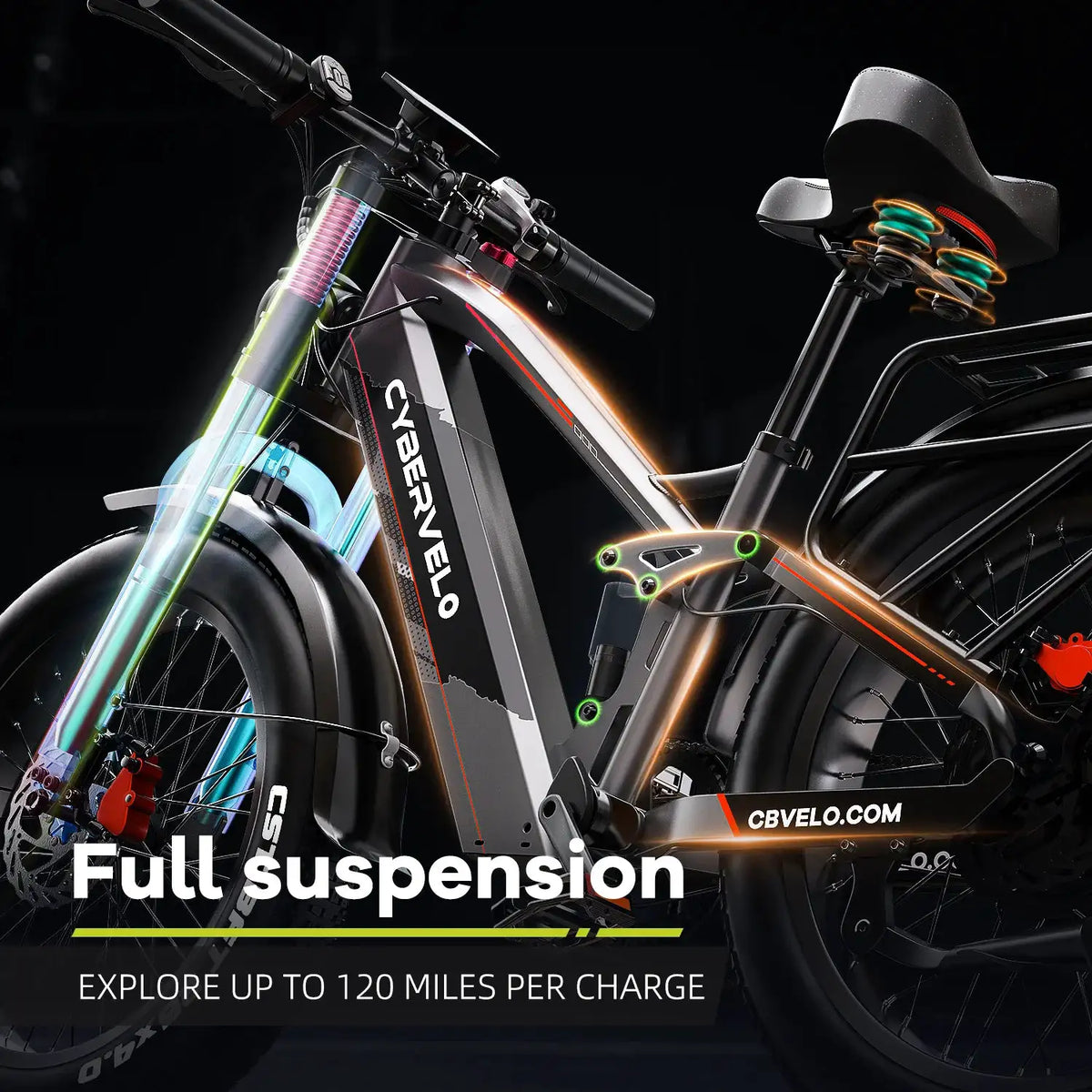 Cybervelo 5000W Peak Fat Tire Electric Bike 26"x4.0 All Terrain Mountain Commuter Ebike 7-Speed Up to 120 Miles 52V 40Ah/60V 50Ah Battery EK9