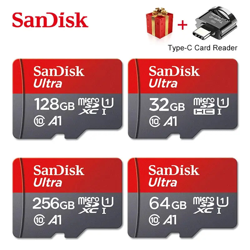 Original SanDisk A1 Memory Card 256GB 128GB 64GB 100MB/S 32GB Micro SD Card Class10 UHS-1 Flash MicroSD TF/SD Type-C