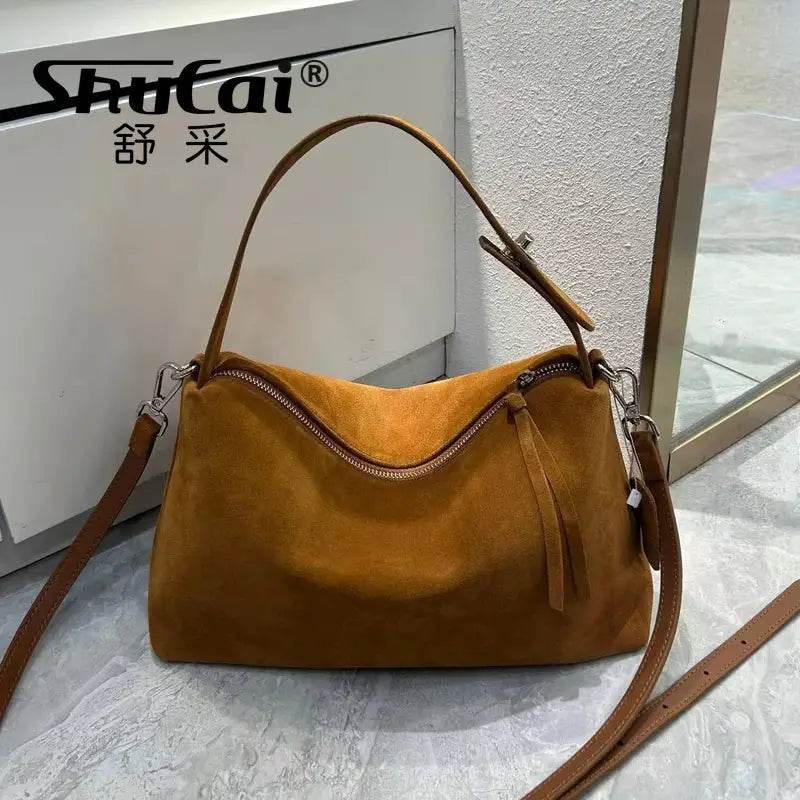 Genuine Grade Autumn Winter Big Boston Luxury Designer Tote Soft Matte Suede Leather Women Handbag Female Shoulder Crossbody Bag