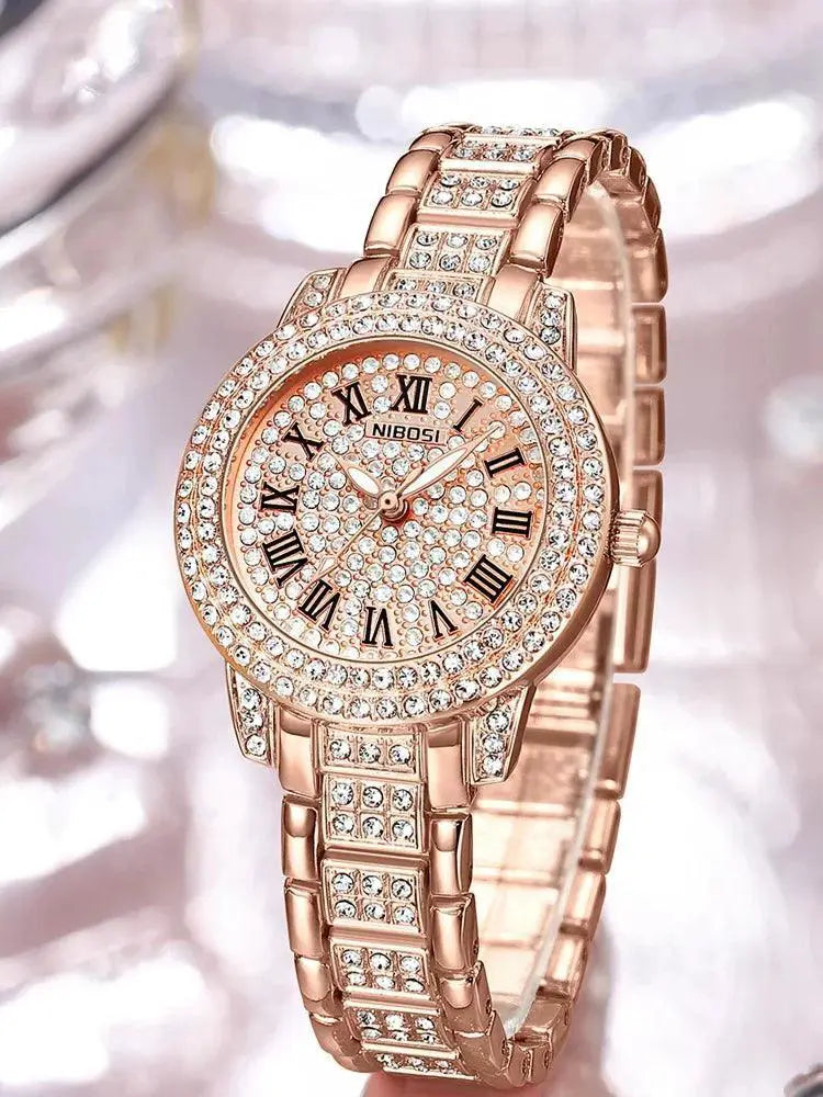 Rose Gold Crystal Watch Luxury Women's Diamond Timepiece
