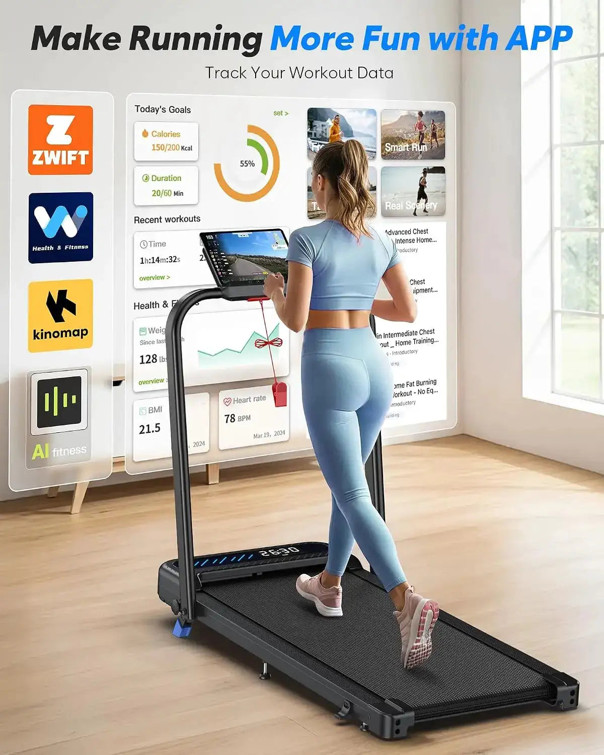 3.0HP Quiet Compact Foldable Walking Pad Treadmill with Handle Bar & Incline, LED Display, Smart APP & Remote Dual Control for Small Home Indoor Rooms