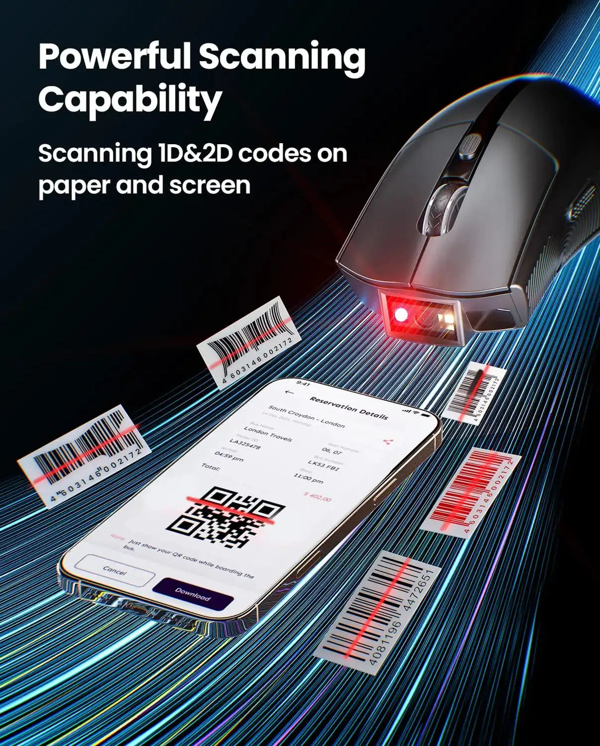 Eyoyo EY-045 New Style Wireless Mouse Bluetooth Barcode Scanner for POS System Laptop Portable 1D 2D Bar Codes Reader Office Mouse Combo with 1200mAh Battery Power Indicator