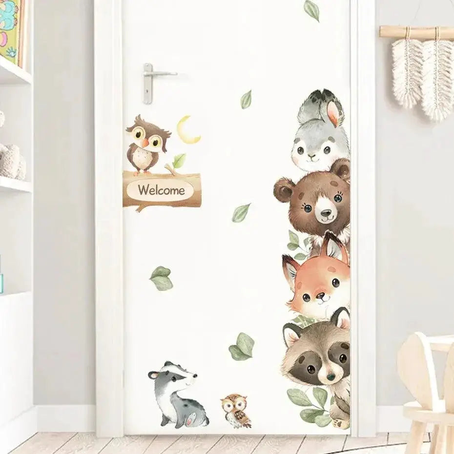 Forest Animals Cartoon Door Sticker Watercolor Decor Kids
