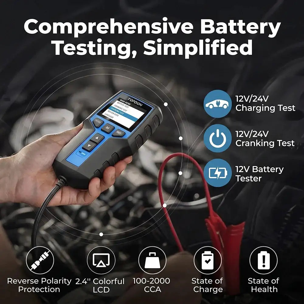 TOPDON BT200/BT100 Battery Tester Charging Cranking Test Tools for Car 24V/12V Automotive Diagnostic Battery Monitor 100-2000CCA