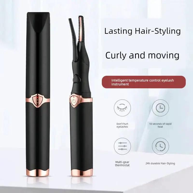 Black and rose gold eyelash curler with intelligent temperature control, featured at OurLum.com