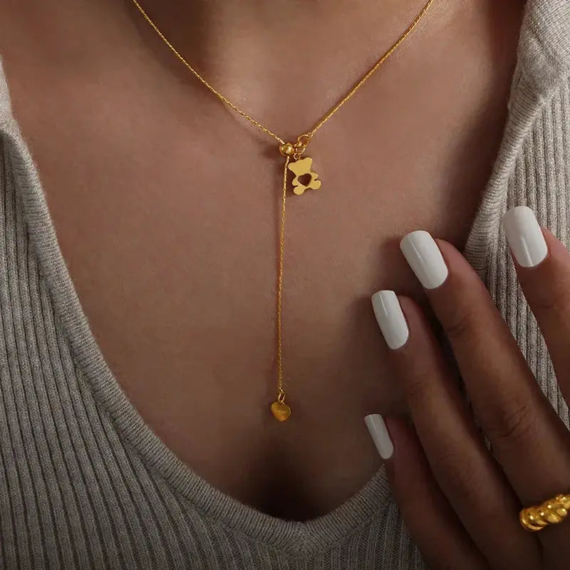 Hollow Bear Pendant Necklace Gold Plated Women Adjustable