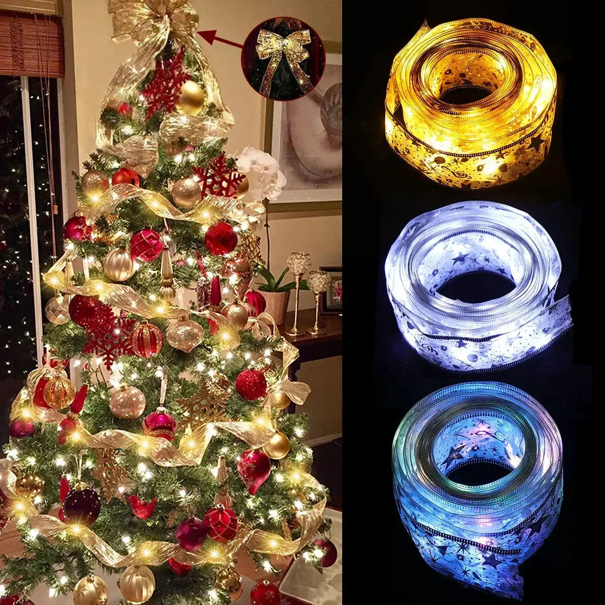 Battery Powered Ribbon Fairy Lights For Christmas Tree Decor