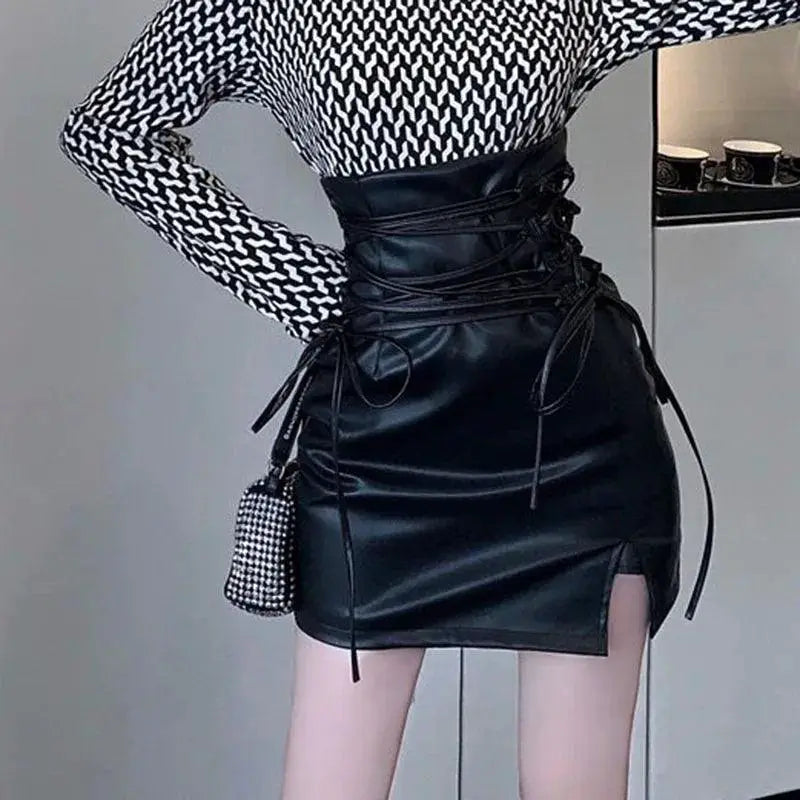Gothic Black High Waist Leather Skirt Edgy Lace Up Style