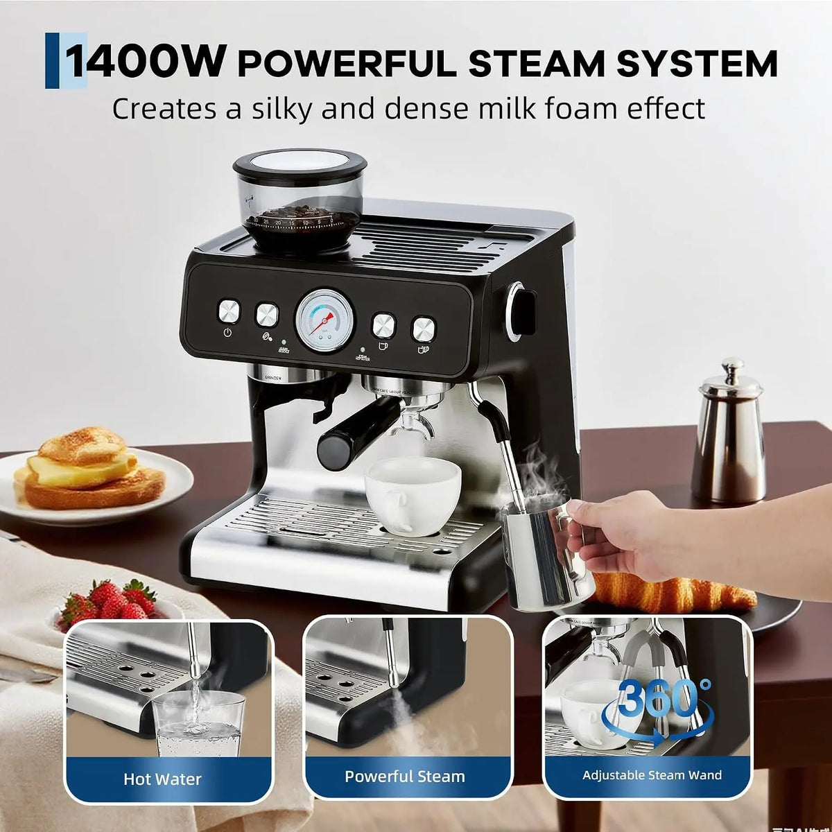 Tacleekii Stainless Steel Espresso Machine with Grinder — product view 2