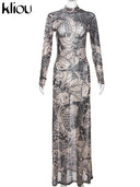 Kliou Mesh Vintage Prints Maxi Dress Women Sheer Long Sleeve Bodycon Party Dress