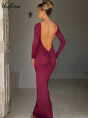 Hugcitar Backless Long Sleeve Bodycon Maxi Dress Solid Prom Party Y2K Night Glow