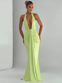 Mozision Deep V Neck Draped Maxi Dresses for Women Halter Backless Club Elegance
