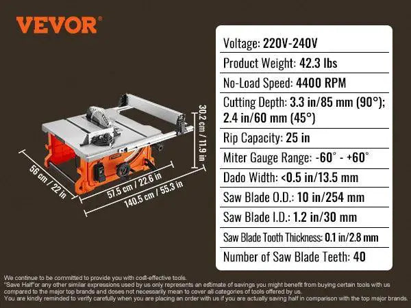 Vevor 10 Inch Table Saw 8 Amp 25 Inch Rip Capacity
