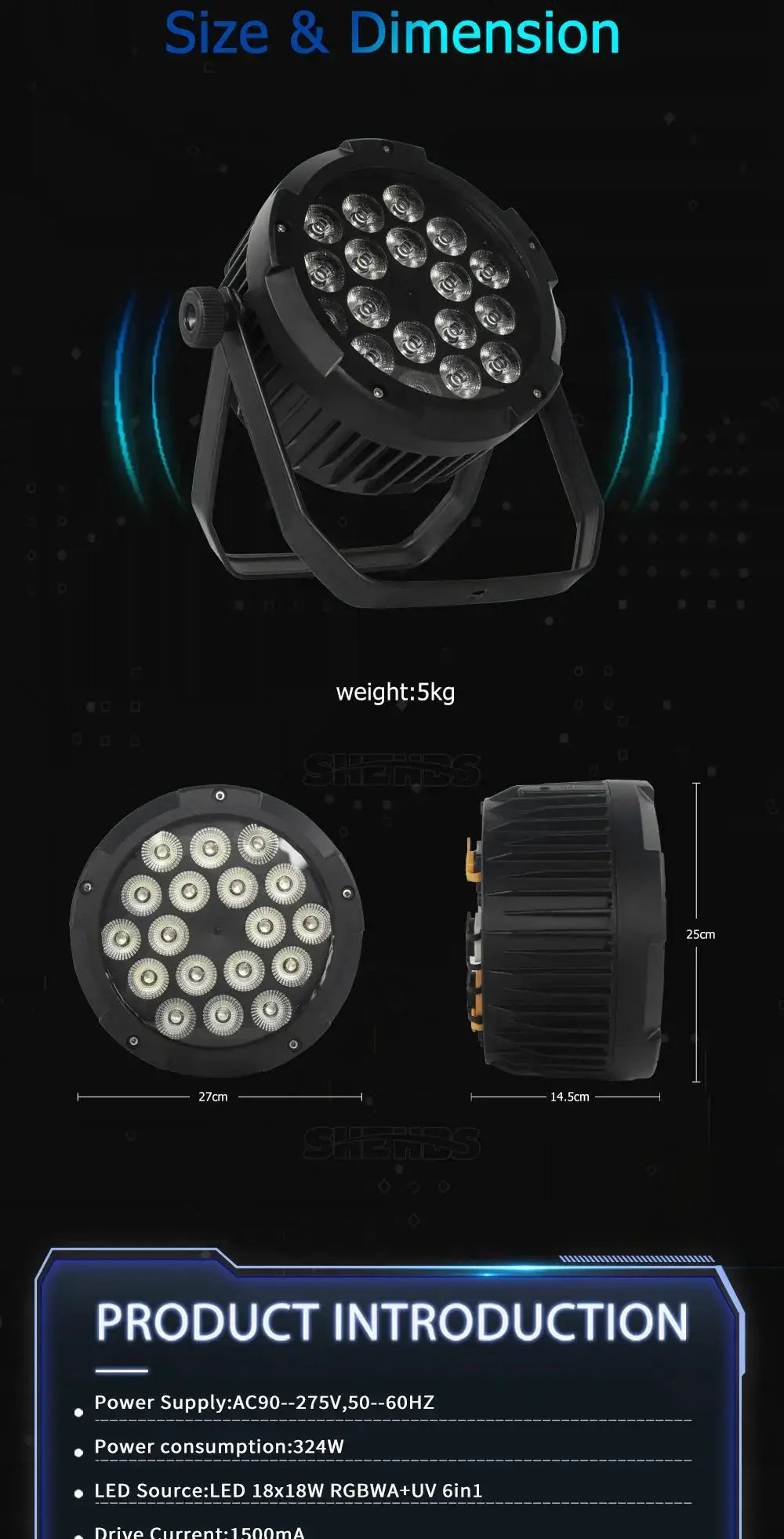 SHEHDS LED Waterproof 18x18W Par Lighting RGBWA UV 6in1