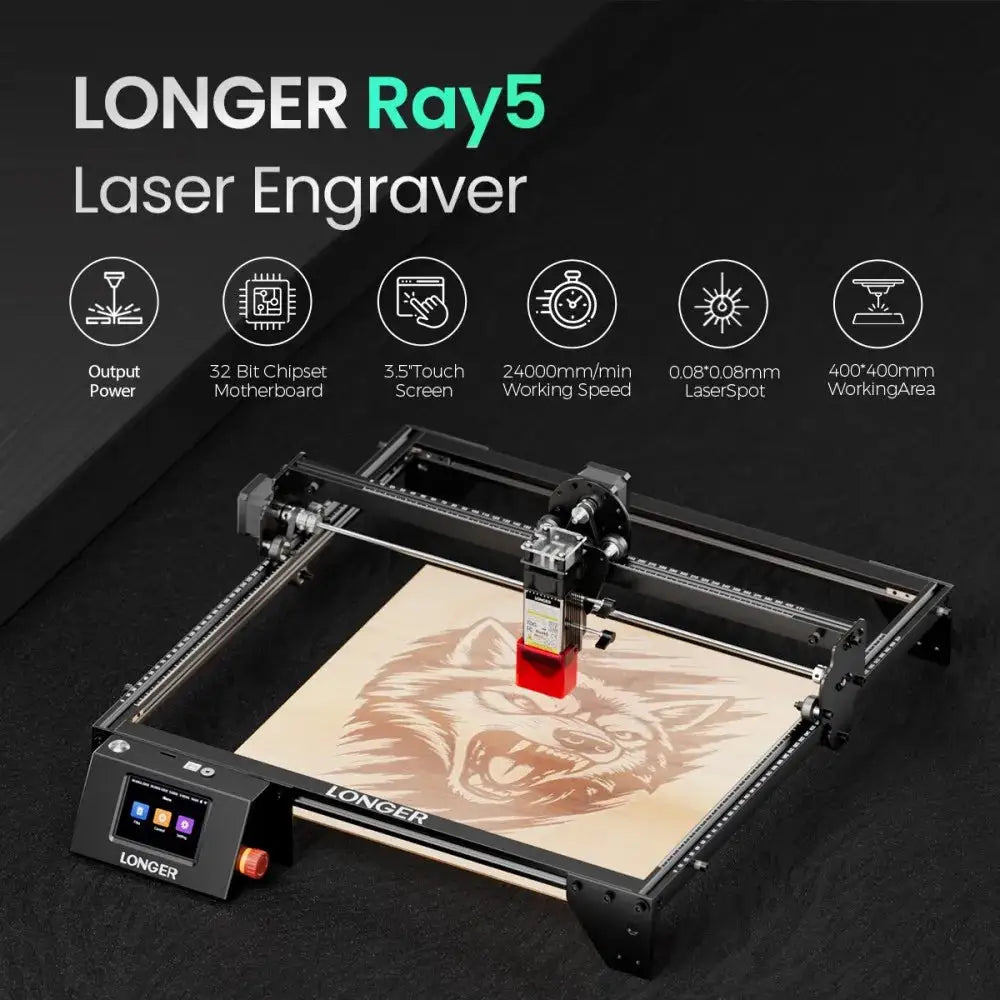 LONGER RAY5 5-5.5W Laser Engraver with 3.5" Touchscreen, Offline Carving, 0.08×0.08mm Ultra-Fine Laser Spot, ESP32 32-Bit Chipset, WiFi/App Control, Safety Protection, LightBurn Compatible CNC Laser Cutter