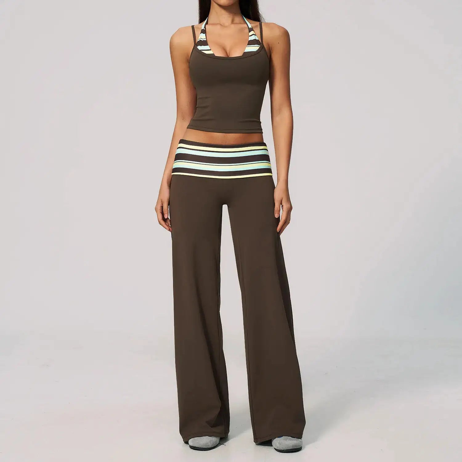Women's 2 Piece Yoga Set Halter Neck Crop Top Fold Over Waist Wide Legged Flare Trousers Polka Dot Striped Gym Workout Running